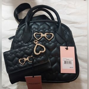 JUICY COUTURE Heart Quilt Black Satchel Purse Bag With Matching Wallet SET NWT